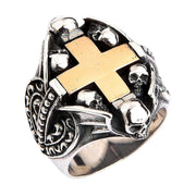 Yellow Gold Cross Heart Sterling Silver Gothic Ring
